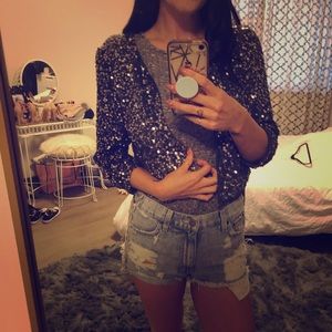 SILENCE + NOISE Grey Sequin Crop Jacket